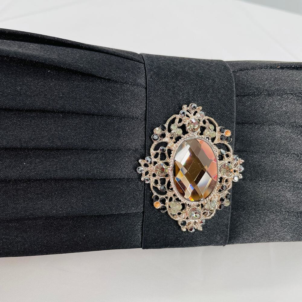 Women Clutch Black Dress Purse Rectangle Cord Strap Rhinestone Embellished - Picture 5 of 10